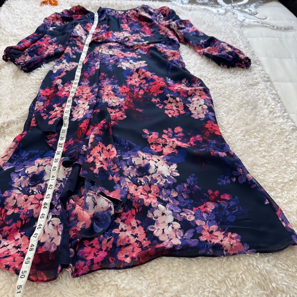 Eliza J Ruffled Long Sleeve Dress Slit Leg Size 14 Cocktail Floral Mother Bride - Picture 10 of 11